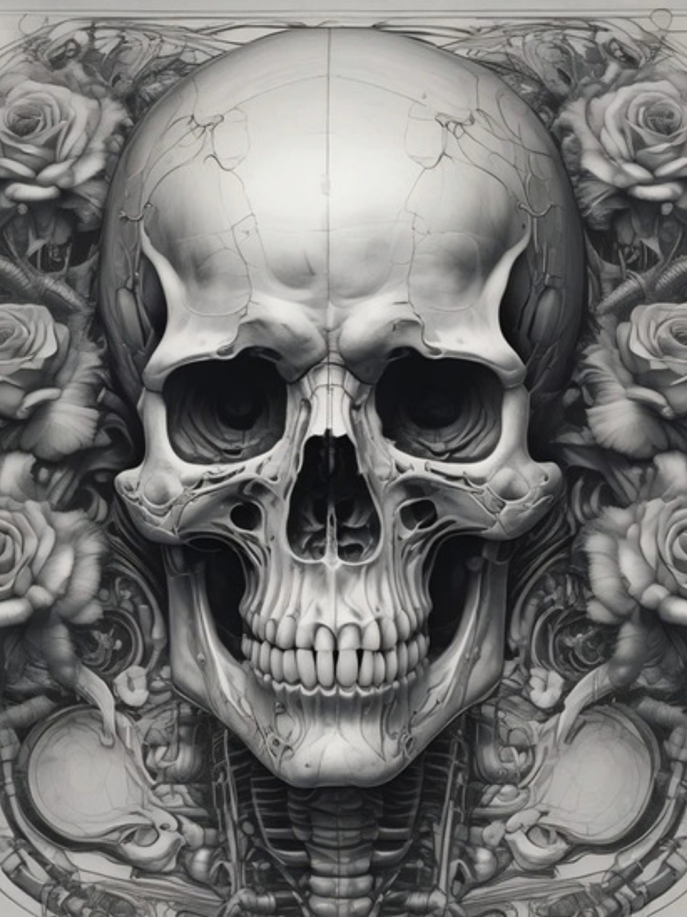 Skull & Roses Art Print in Gray & Black